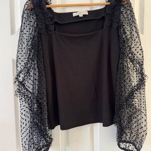 LOFT Black Ruffled Sheer Sleeve Blouse